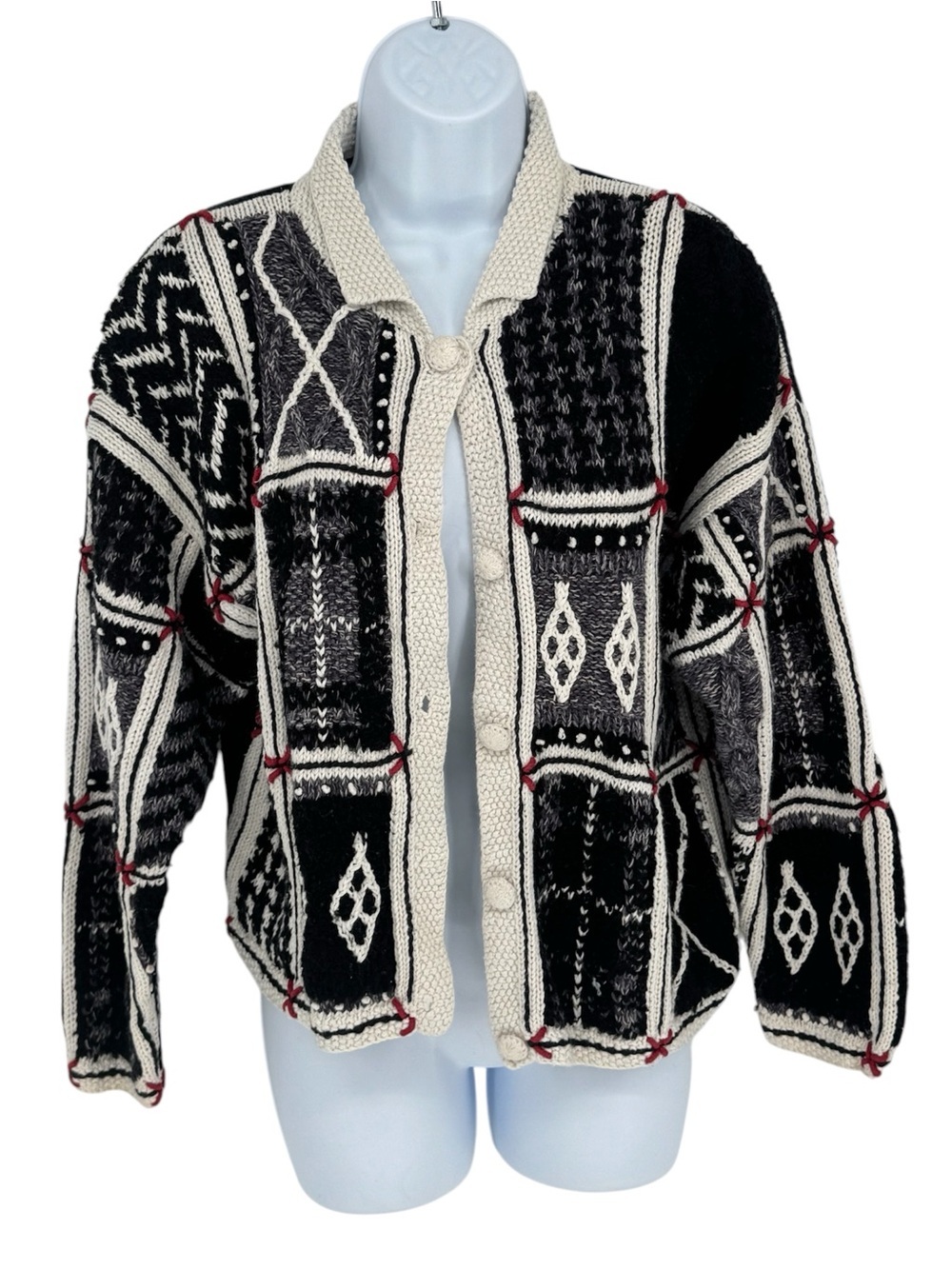 Vintage Curio Hand Knit Patchwork Geometric Artsy Grannycore Cardigan Medium